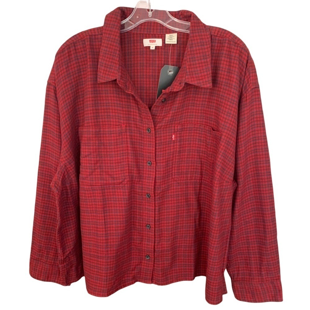 Levi’s Flannel Cotton Plaid Cropped Button Down Red Blue Sz 3X